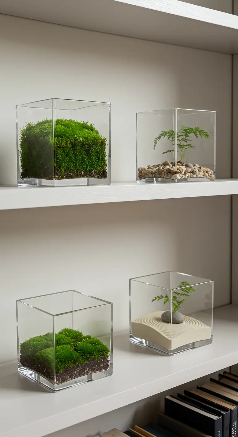 Quatre terrariums cubiques en verre alignés sur une étagère, présentant mousse, fougères, sable zen et galets.