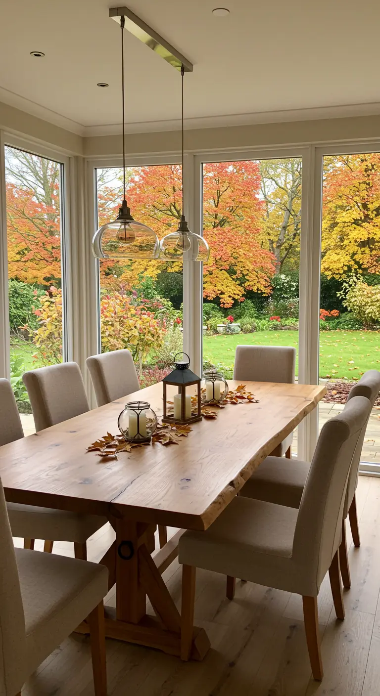 Table de salle à manger en bois près de grandes fenêtres donnant sur un jardin aux couleurs automnales.