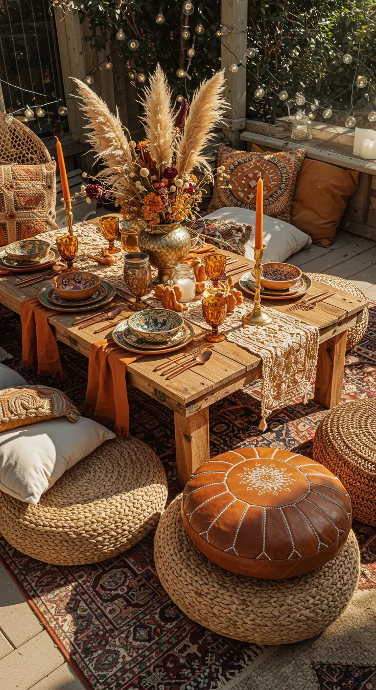 Table basse bohème en bois sur un tapis, entourée de coussins et poufs, avec pampas.