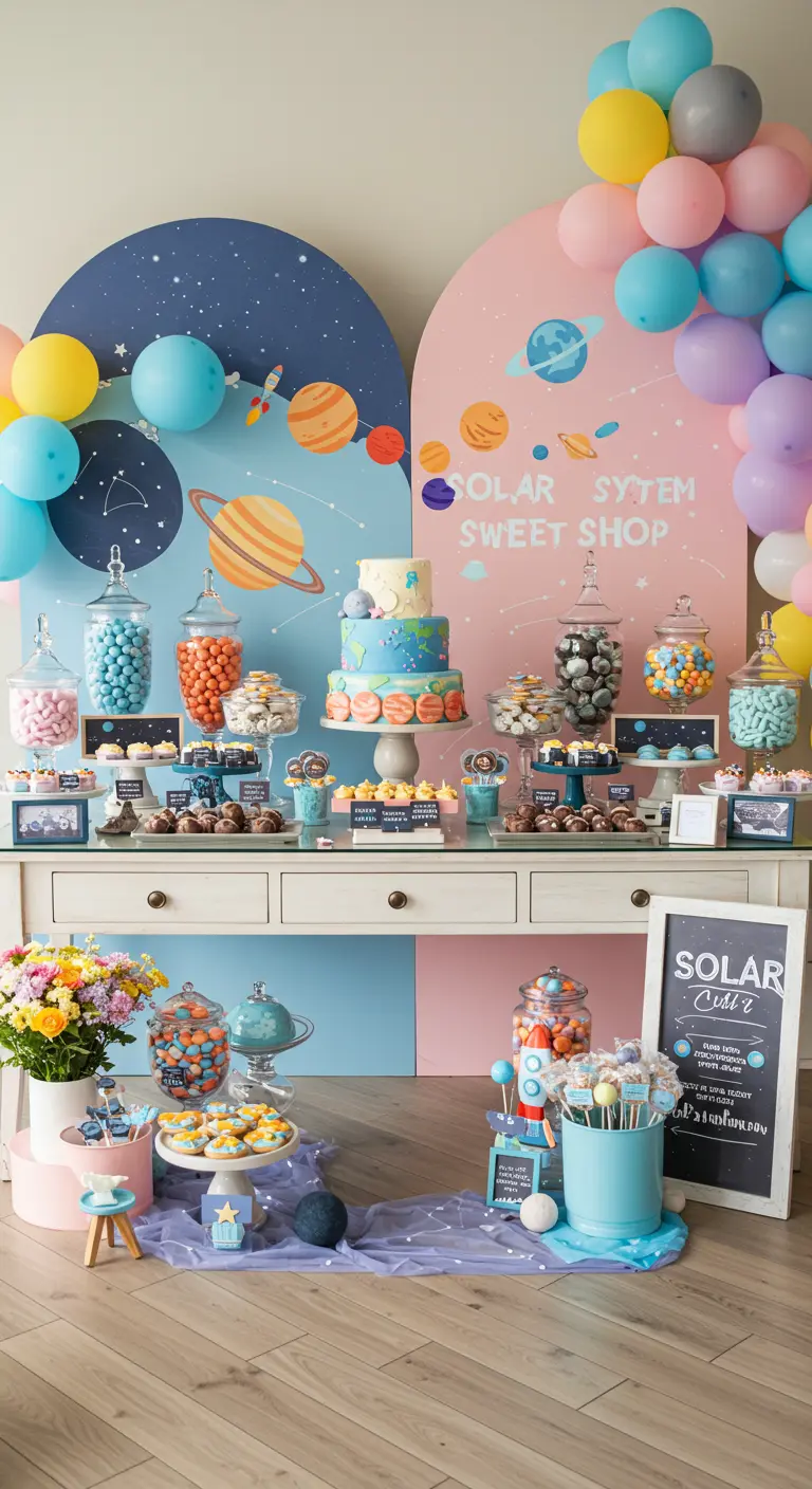 Table de desserts avec fonds d'arche galaxie et pastel, ballons, et diverses friandises.