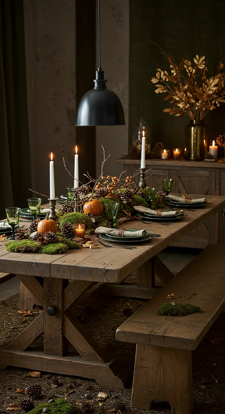 Table de ferme en bois décorée de mousse, pommes de pin, citrouilles et bougies, dans une ambiance forestière.
