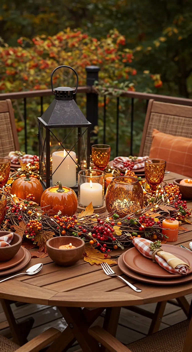 Table d'automne avec lanterne noire, citrouilles, couronne de baies et guirlande lumineuse.