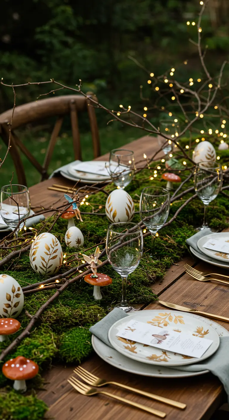 Table de dîner féerique avec chemin de mousse, branchages lumineux et œufs dorés.