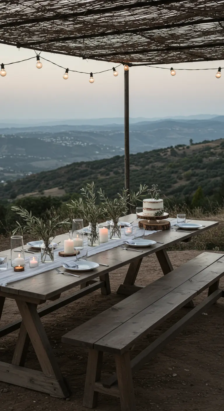 Table en bois dressée face à une vue montagne, branches d'olivier et bougies allumées pour ambiance.