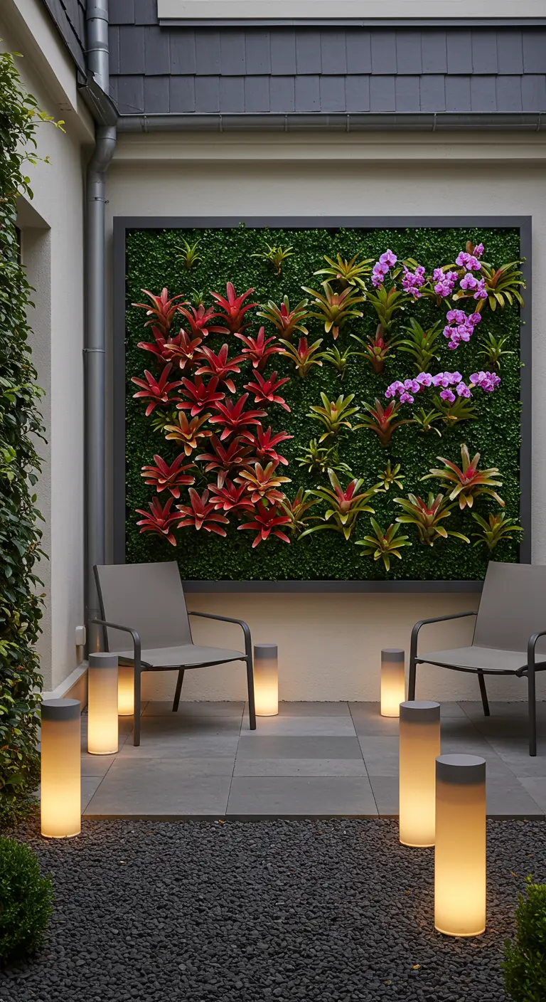 Mur végétal avec bromélias rouges et orchidées violettes, lampes cylindriques et chaises modernes.