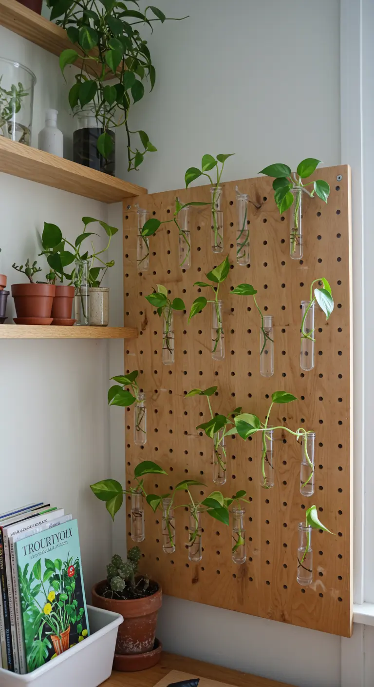 Boutures de plantes en éprouvettes de verre fixées sur un tableau perforé en bois.