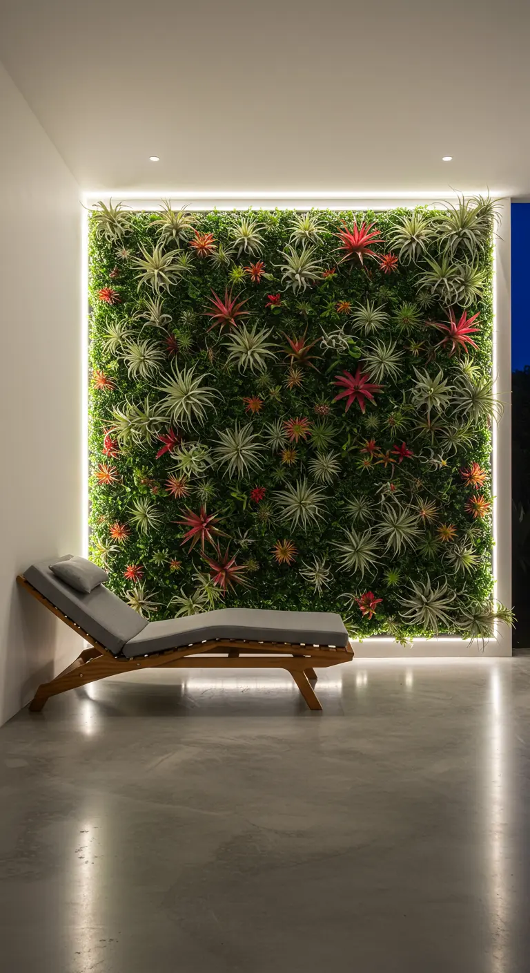 Mur végétal coloré avec tillandsias et éclairage LED linéaire, chaise longue moderne.