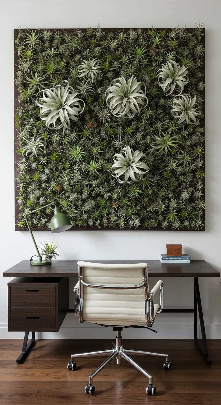 Grand tableau végétal avec diverses plantes aériennes (Tillandsias) sur un fond sombre.