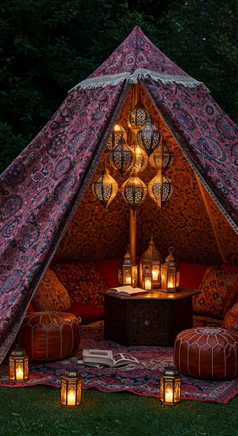 Tente de style bohème avec des lanternes ornementales et des coussins au sol.