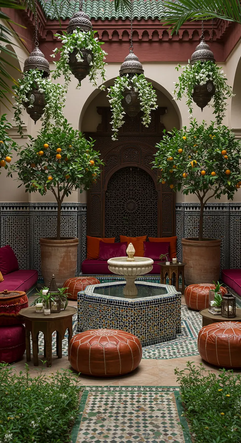 Tente bohème avec coussins colorés, décorations suspendues et tournesols en pots.