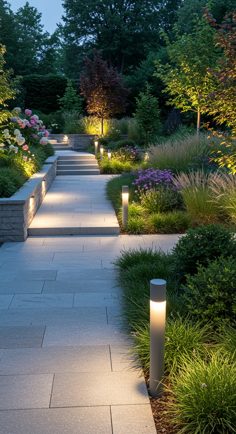 Jardin en pente avec des escaliers et des allées éclairées par des bornes et des spots LED.