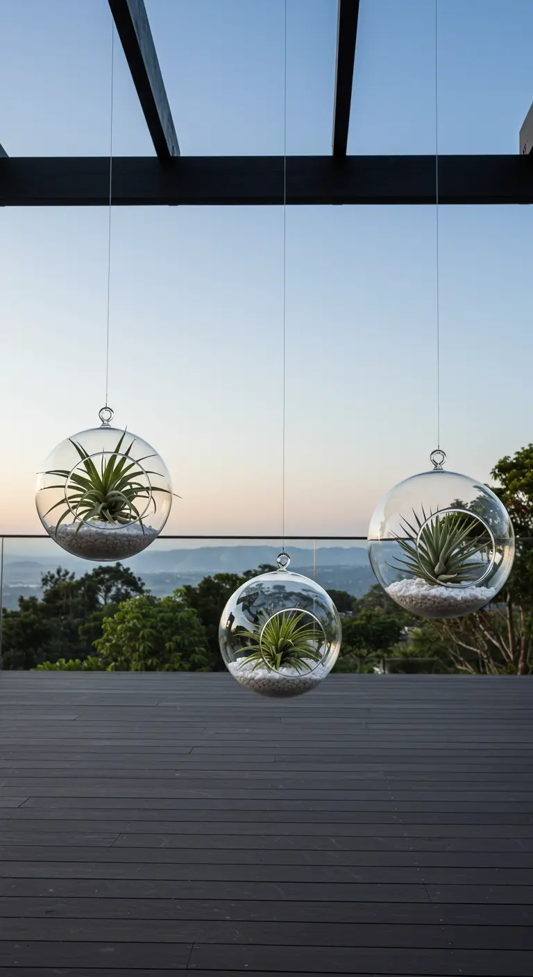 Terrariums sphériques avec Tillandsias et gravier blanc suspendus à une structure métallique sur un toit-terrasse urbain.