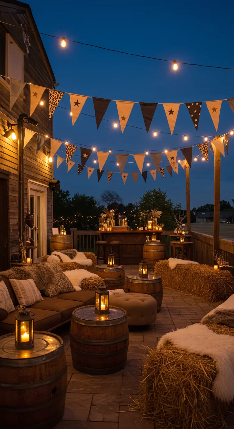 Terrasse extérieure au crépuscule avec canapé, bottes de foin en fausse fourrure, tonneaux avec lanternes, guirlandes et fanions étoiles.