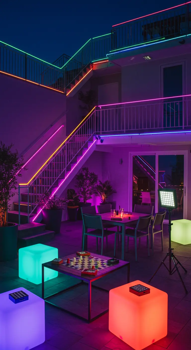 Terrasse urbaine moderne avec néons LED colorés, cubes lumineux et mobilier de repas.