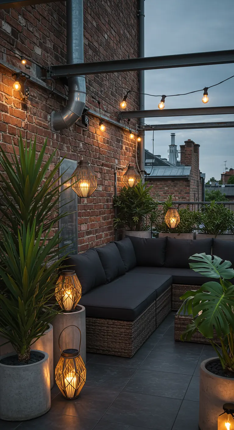 Terrasse industrielle chic avec mur de briques, canapé d'angle, plantes graphiques et lanternes.