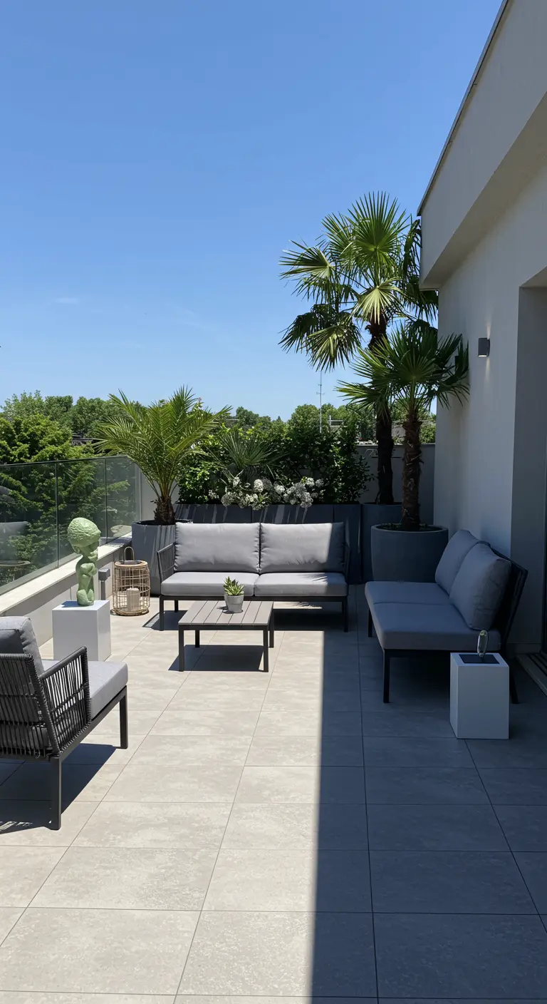 Terrasse moderne avec mobilier gris, palmiers en bacs de béton et statue décorative.
