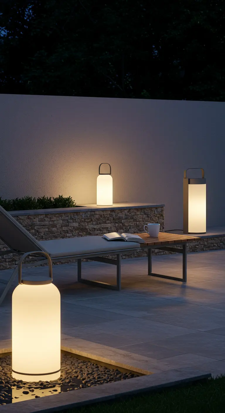 Terrasse moderne avec transats, lanternes design, table d'appoint et éclairage paysager discret.