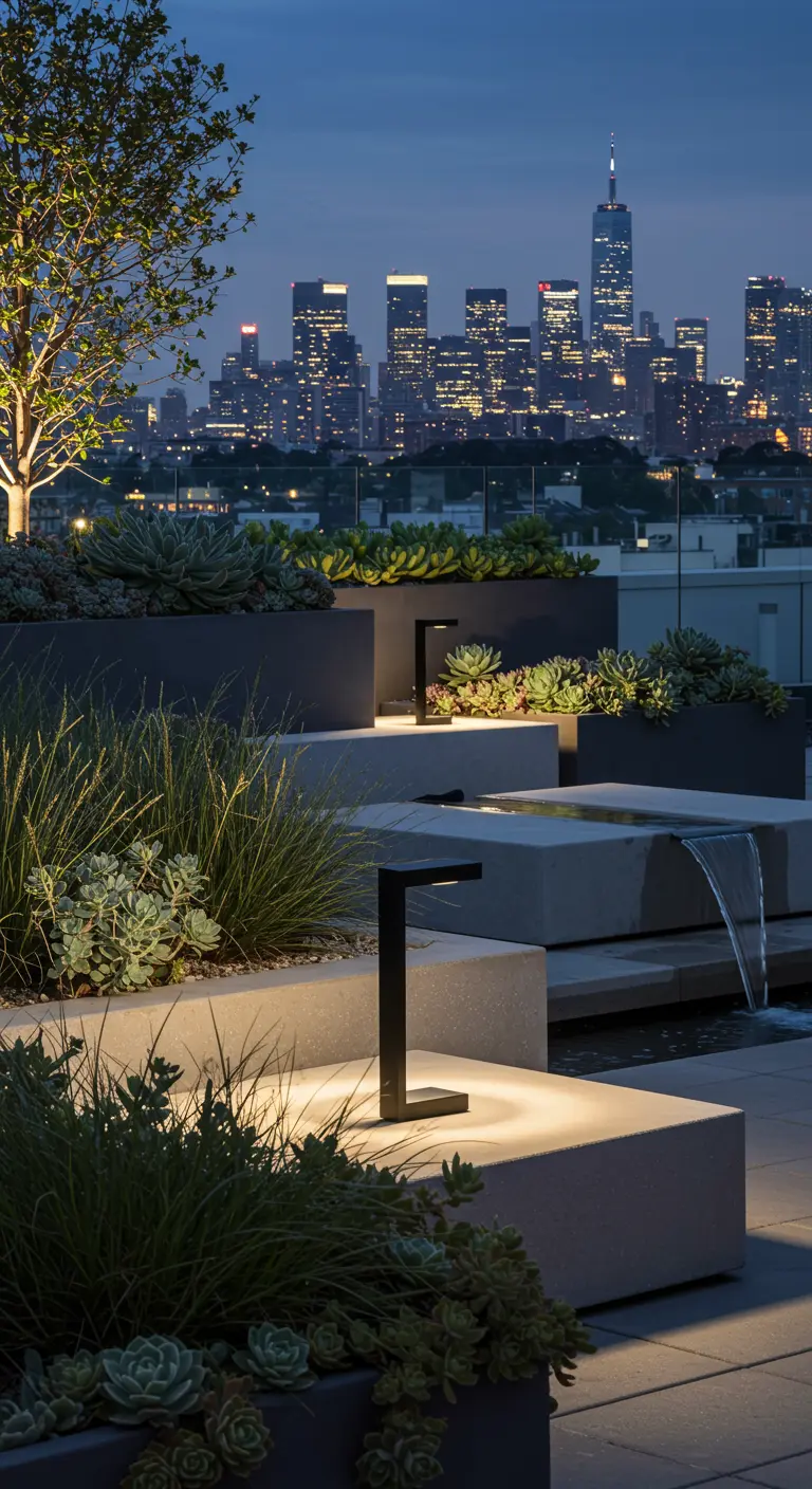 Terrasse de toit moderne avec jardinières et éclairage solaire discret, vue sur la ville.