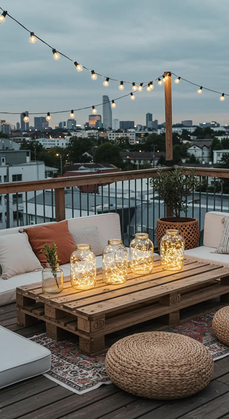 Terrasse sur le toit avec mobilier en palettes, guirlandes lumineuses et bocaux LED, vue sur la ville.