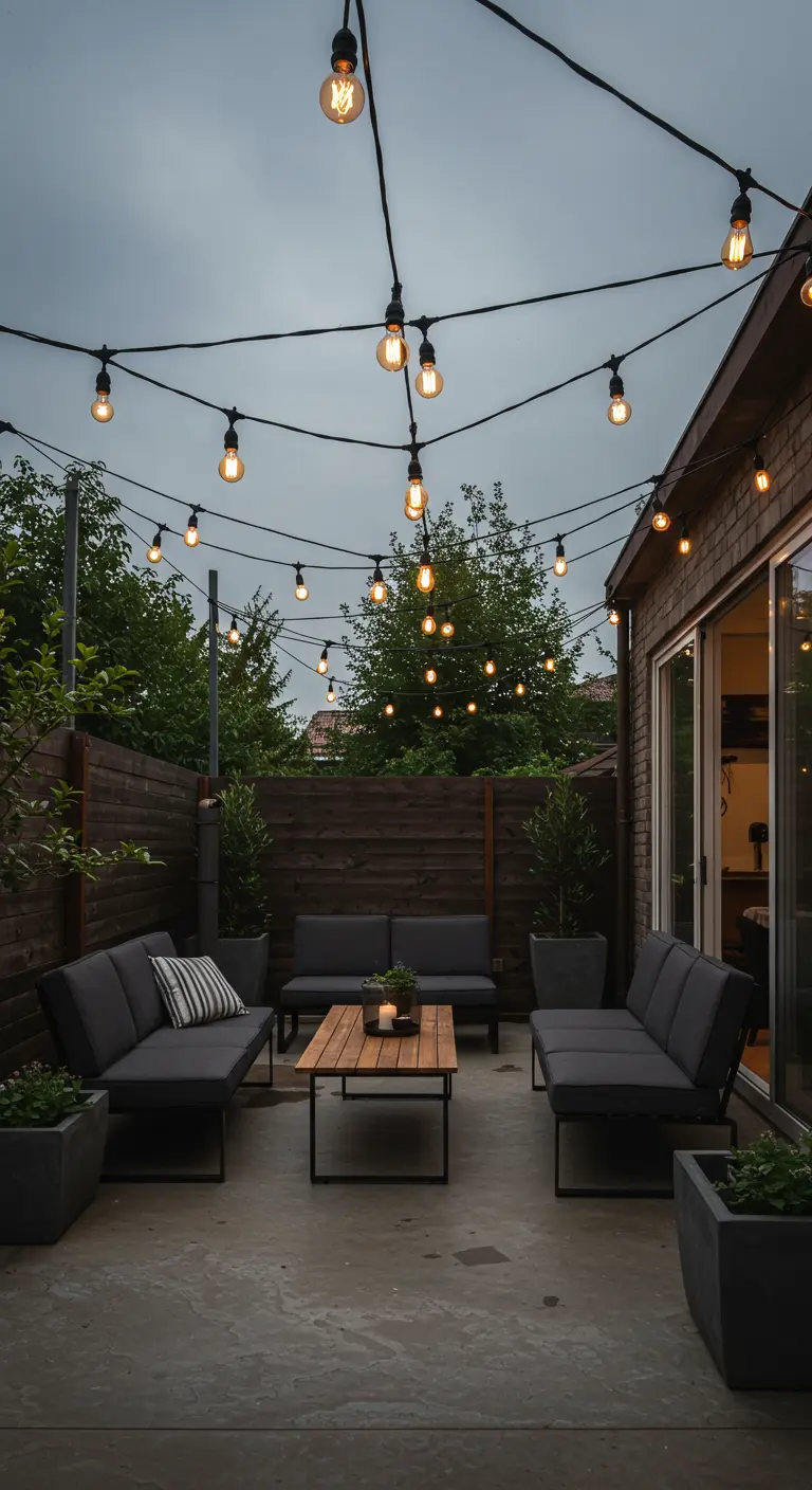 Grande terrasse industrielle chic avec mobilier gris, guirlandes lumineuses suspendues et plantes en pots.
