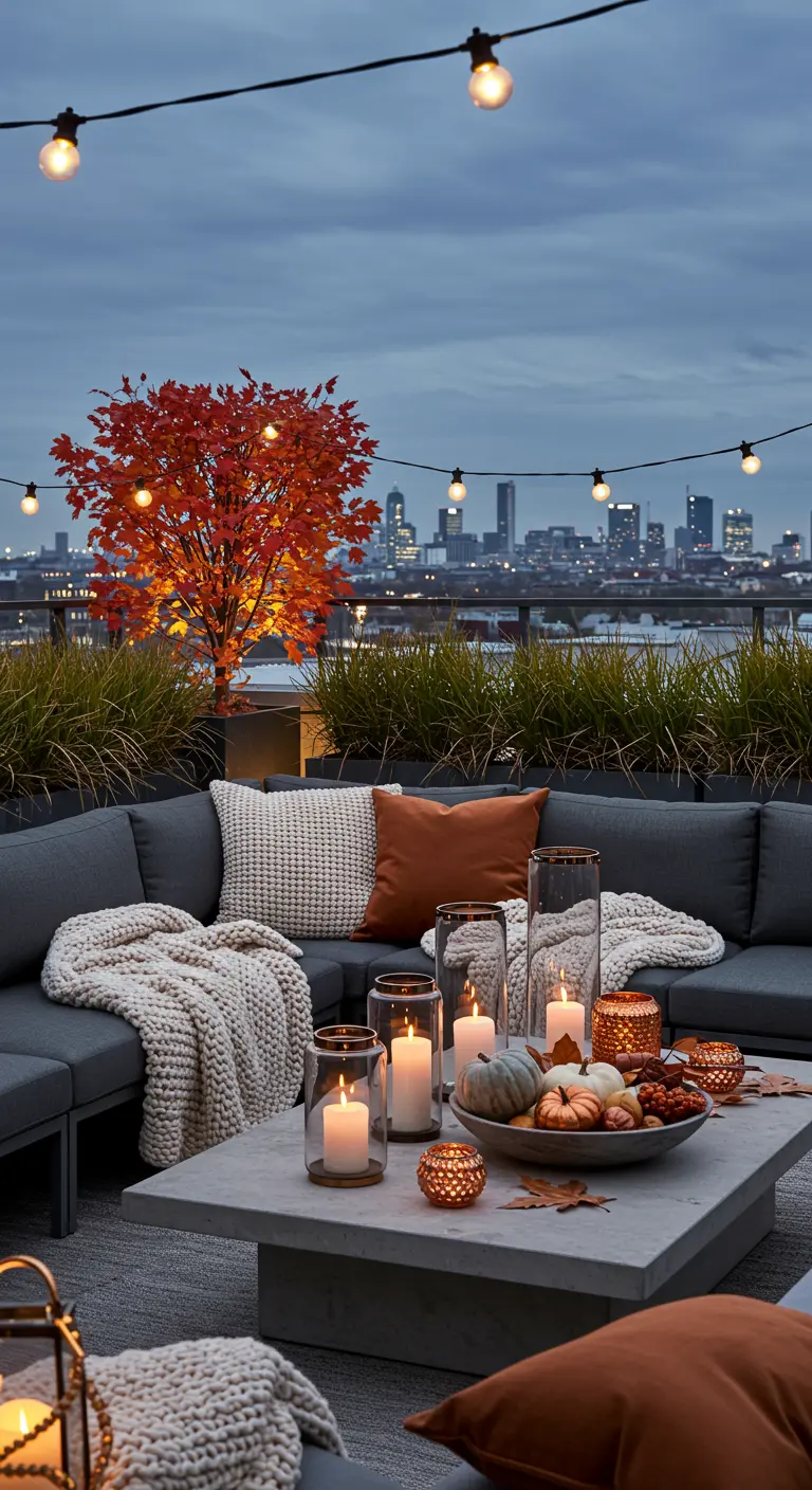 Grande terrasse de toit avec canapé, bougies, citrouilles, et arbre lumineux sous le ciel du soir.