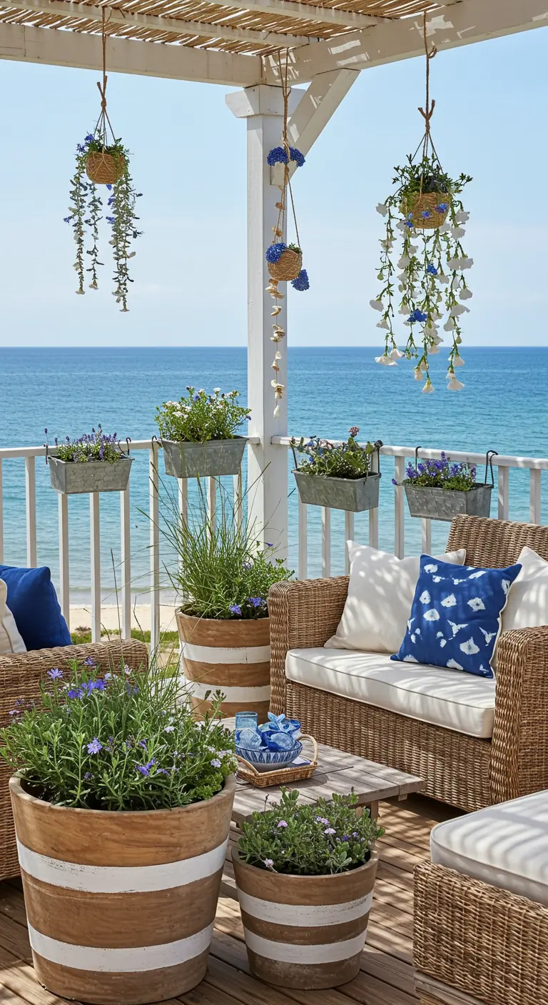 Terrasse en bord de mer avec mobilier en rotin, pots rayés et suspensions marines.