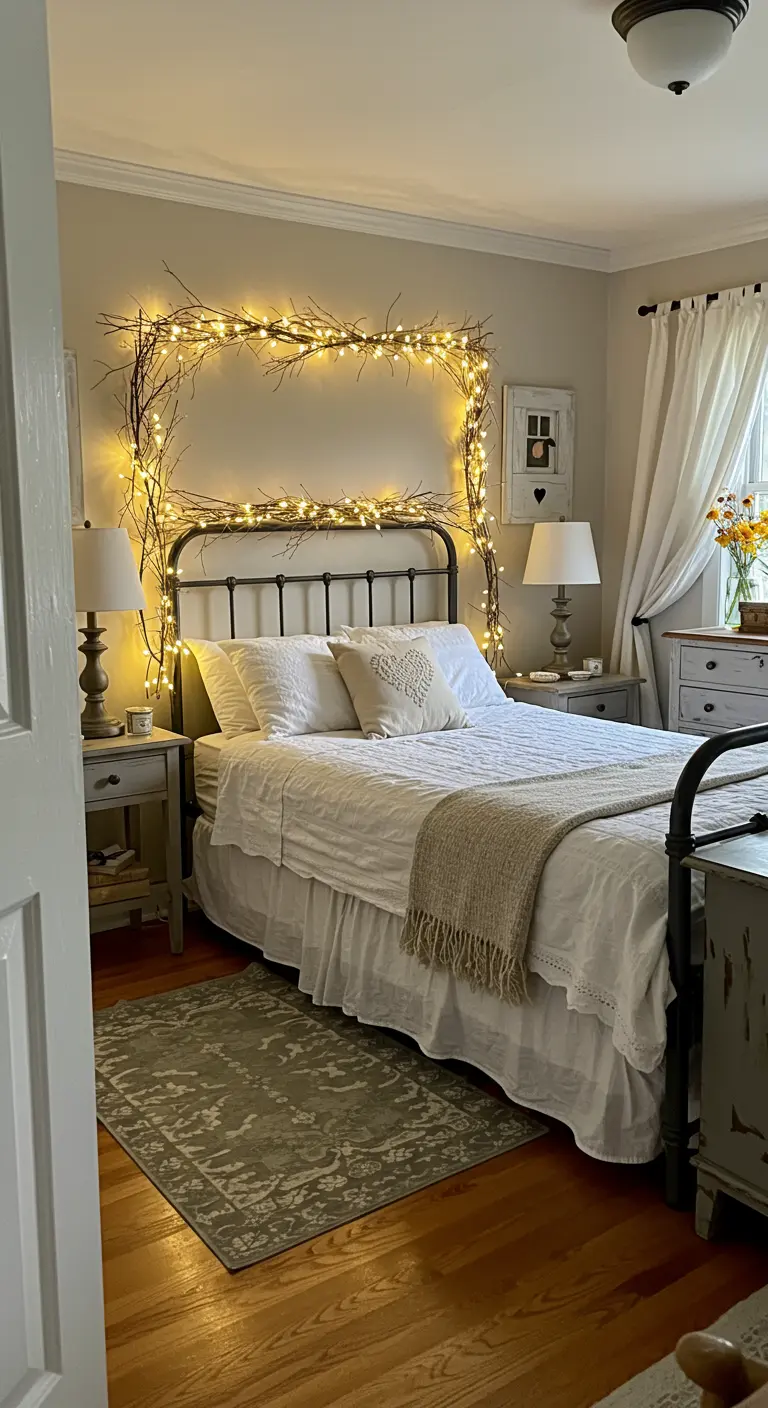 Chambre avec lit en fer forgé et tête de lit encadrée par des branches décoratives illuminées.
