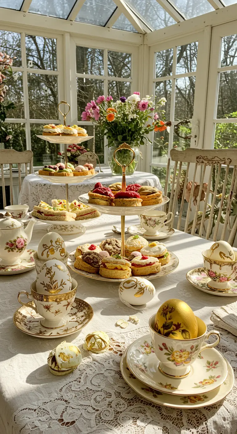 Table de thé de Pâques avec œufs dorés dans tasses fleuries et pâtisseries.
