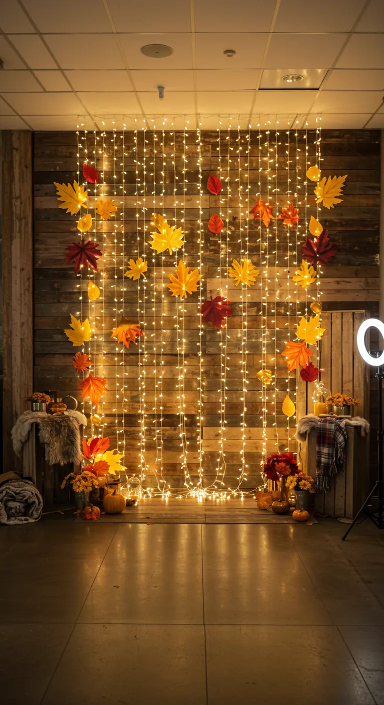 Mur en bois avec rideau de guirlandes lumineuses et feuilles d'automne, idéal pour un photobooth.