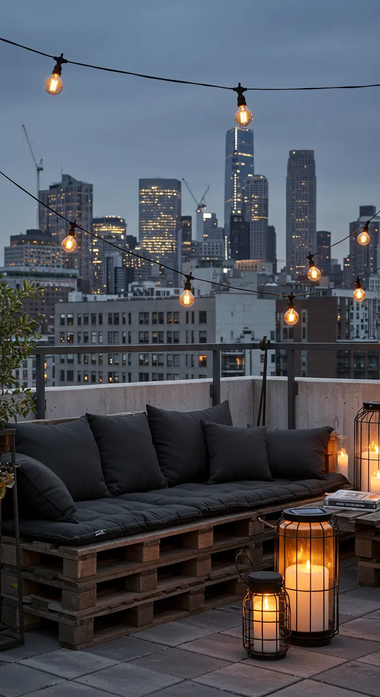Toit-terrasse avec canapé en palettes, guirlande lumineuse et grandes lanternes.