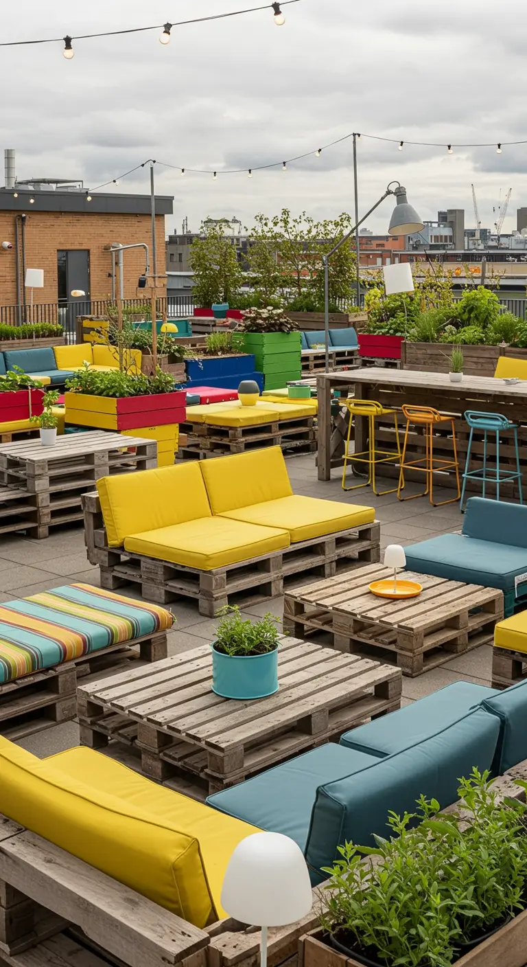 Grand toit-terrasse avec plusieurs salons de palettes, coussins jaunes/bleus et jardinières colorées.