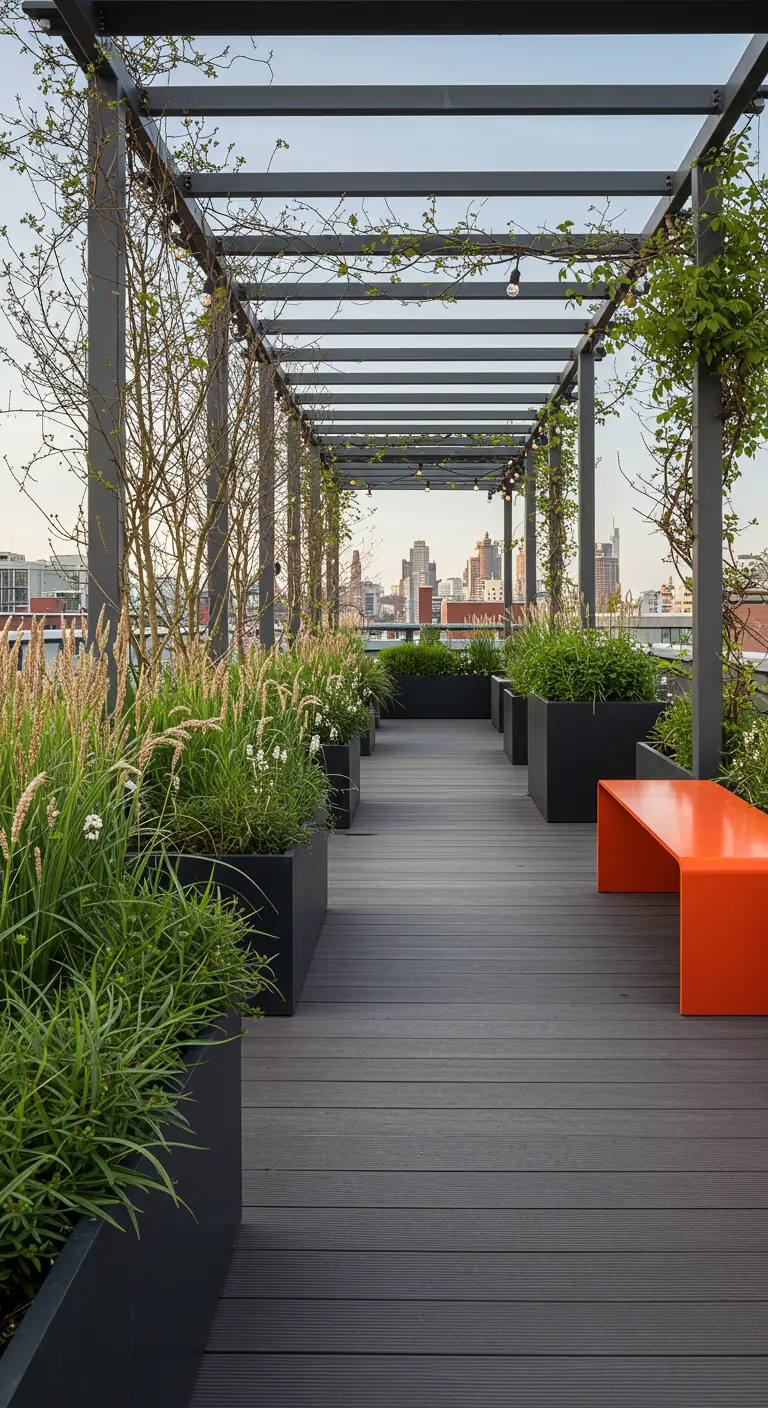 Toit-terrasse urbain avec pergola métallique, grands bacs à plantes, et un banc moderne orange.