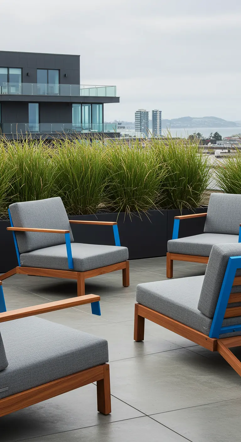Fauteuils en bois et bleu sur un toit-terrasse urbain, jardinières de graminées, vue sur la ville et la mer.