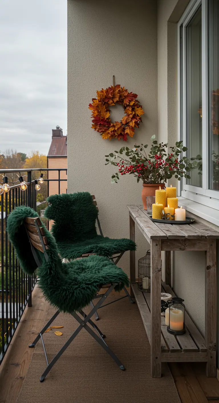 Balcon avec chaises vertes en fausse fourrure, couronne de feuilles d'automne et bougies jaunes.