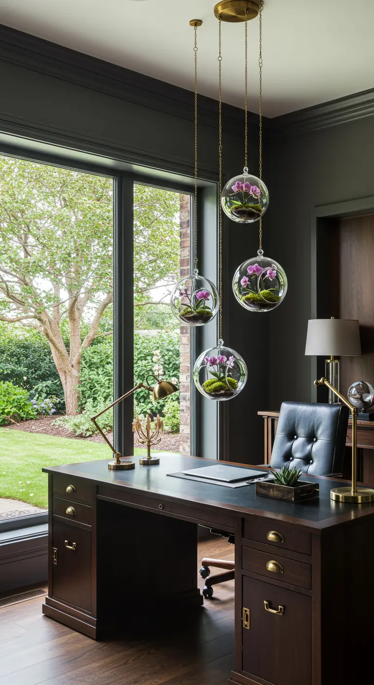 Quatre terrariums sphériques avec mini orchidées violettes suspendus par des chaînes dorées dans un bureau élégant.