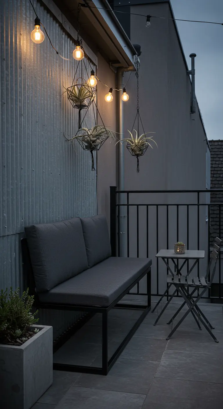 Balcon industriel avec mur en tôle ondulée, banquette noire, tillandsias suspendus et guirlande lumineuse.