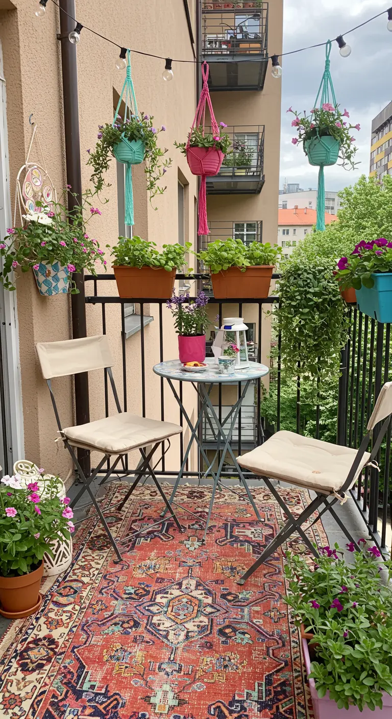 Balcon coloré avec pots suspendus, jardinières de balustrade et tapis à motifs