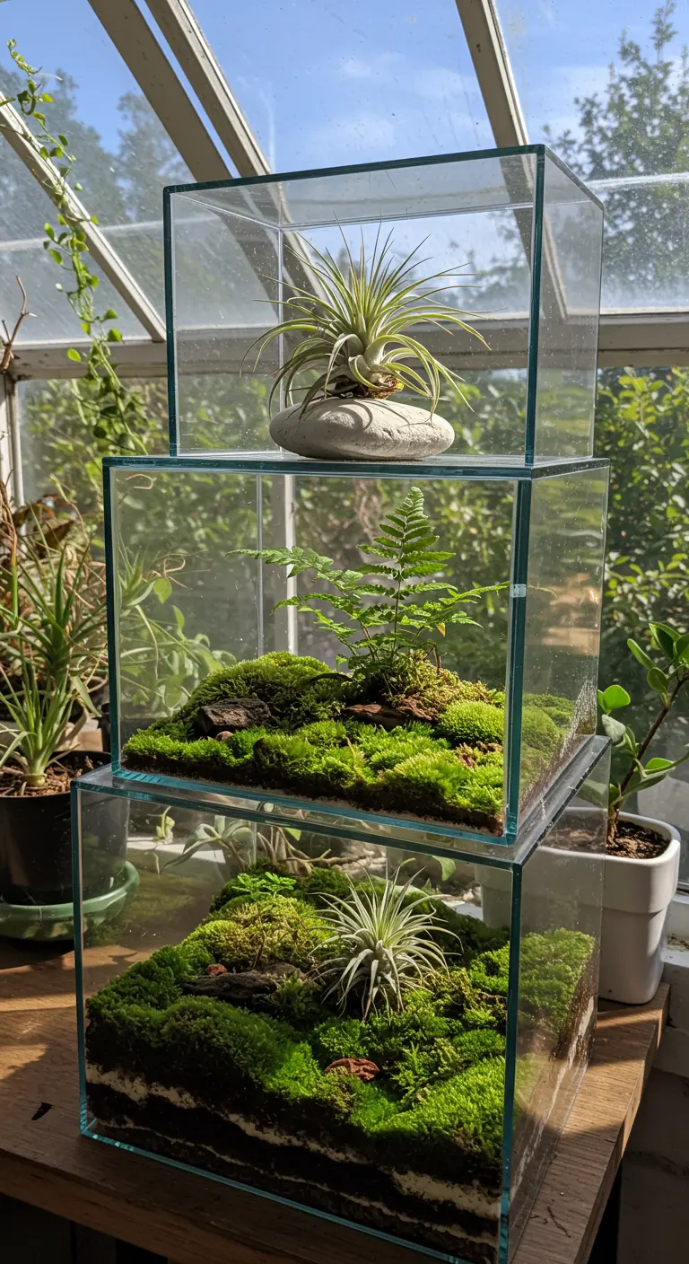 Trois terrariums cubiques en verre empilés, chacun avec une composition différente de mousse, fougères et Tillandsia.