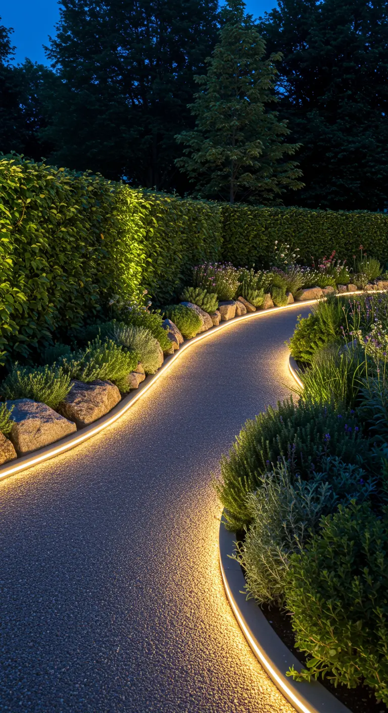 Chemin de gravier sinueux avec des rubans LED intégrés le long du bord.