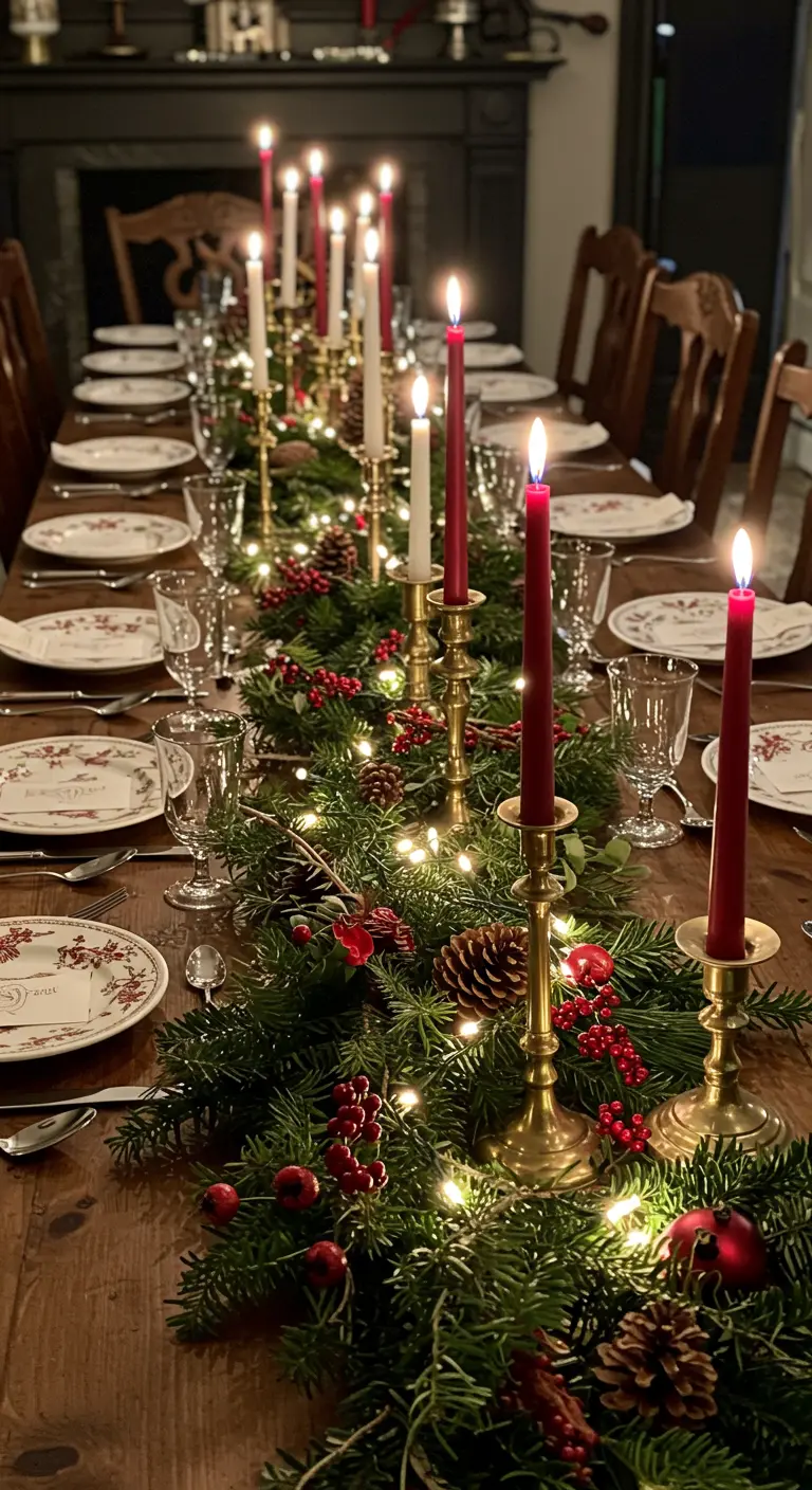 Table de Noël avec guirlande de sapin, bougies rouges en laiton et petites guirlandes lumineuses.