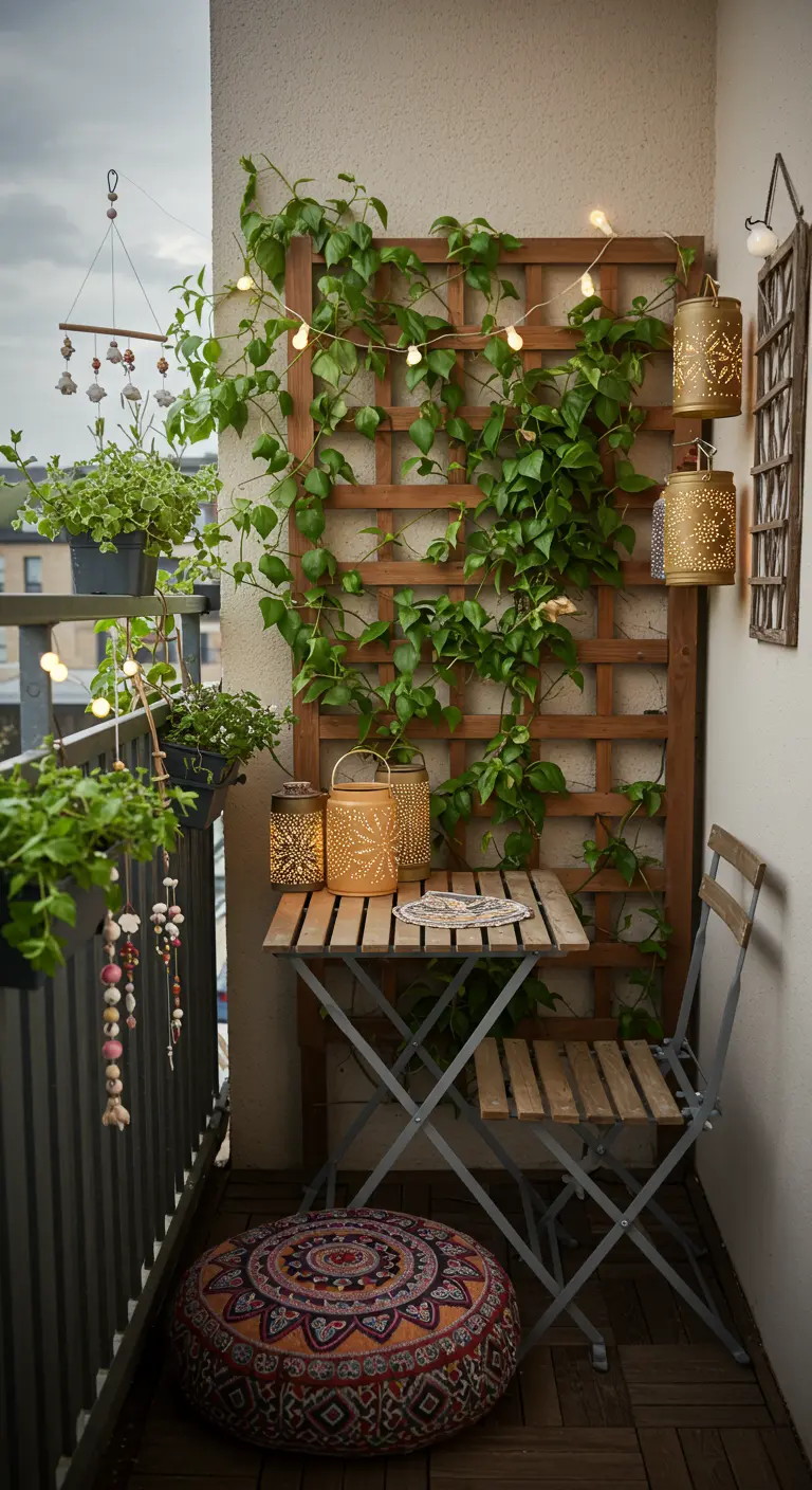 Petit balcon avec treillis végétal, lanternes dorées, guirlandes lumineuses et table pliante.