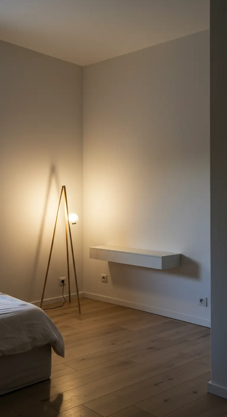 Lampadaire trépied minimaliste avec ampoule sphérique illuminant un coin de chambre.