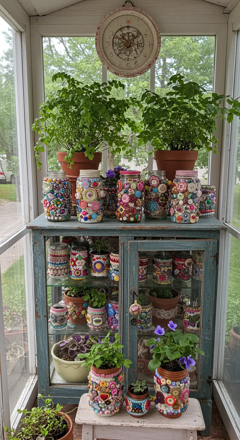 Bocaux en verre et petits pots ornés de boutons et de perles multicolores, exposés sur une étagère vitrée.