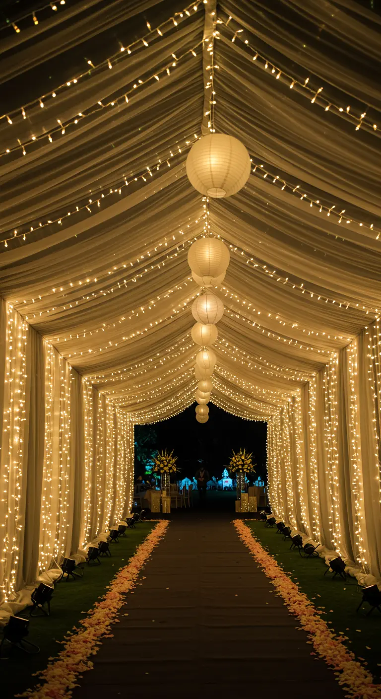 Tunnel d'entrée couvert de tissu et de guirlandes lumineuses, avec des lampions suspendus.