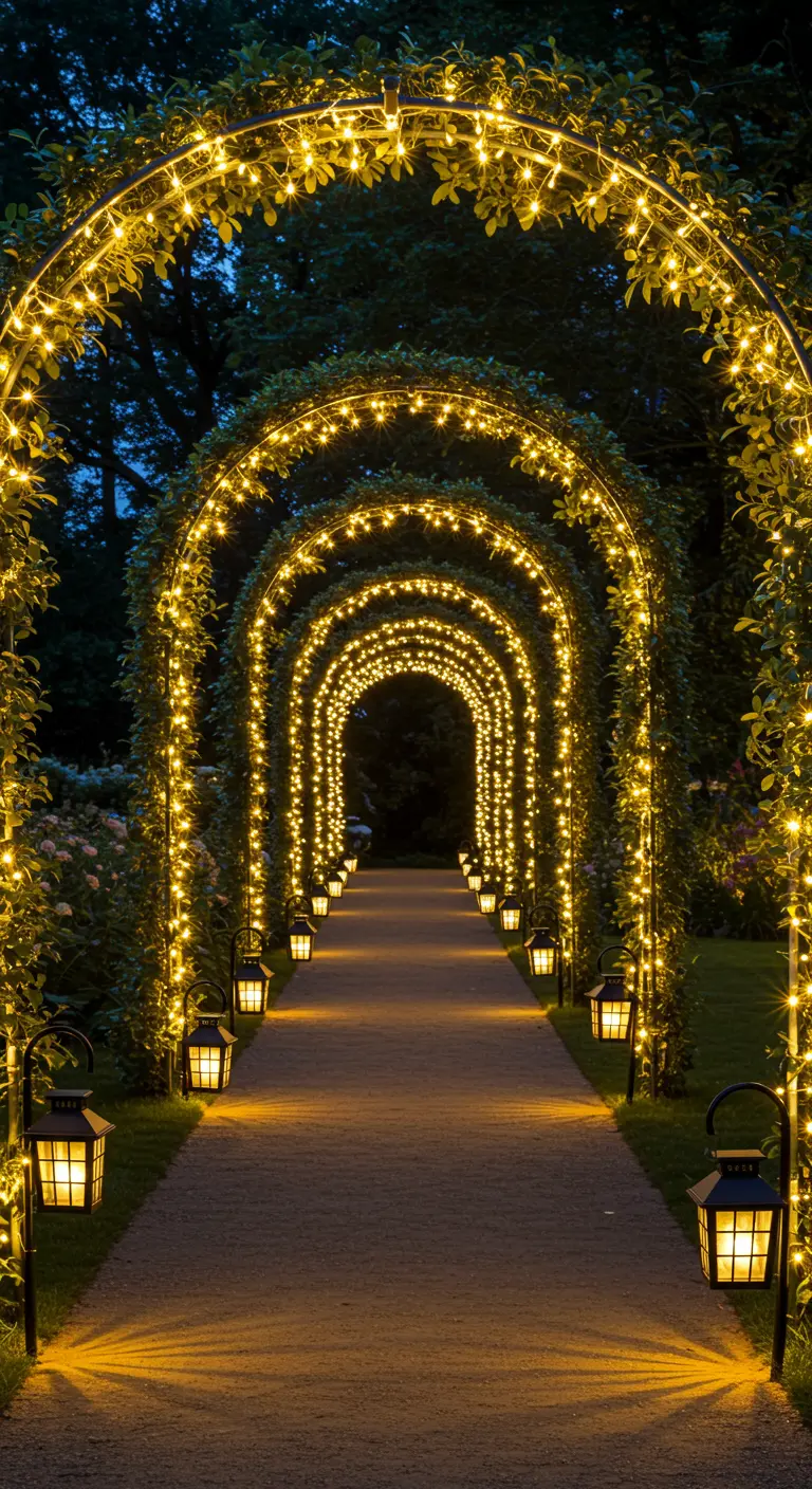 Allée de jardin couverte d'arches végétalisées et illuminées par des guirlandes LED, avec des lanternes au sol.