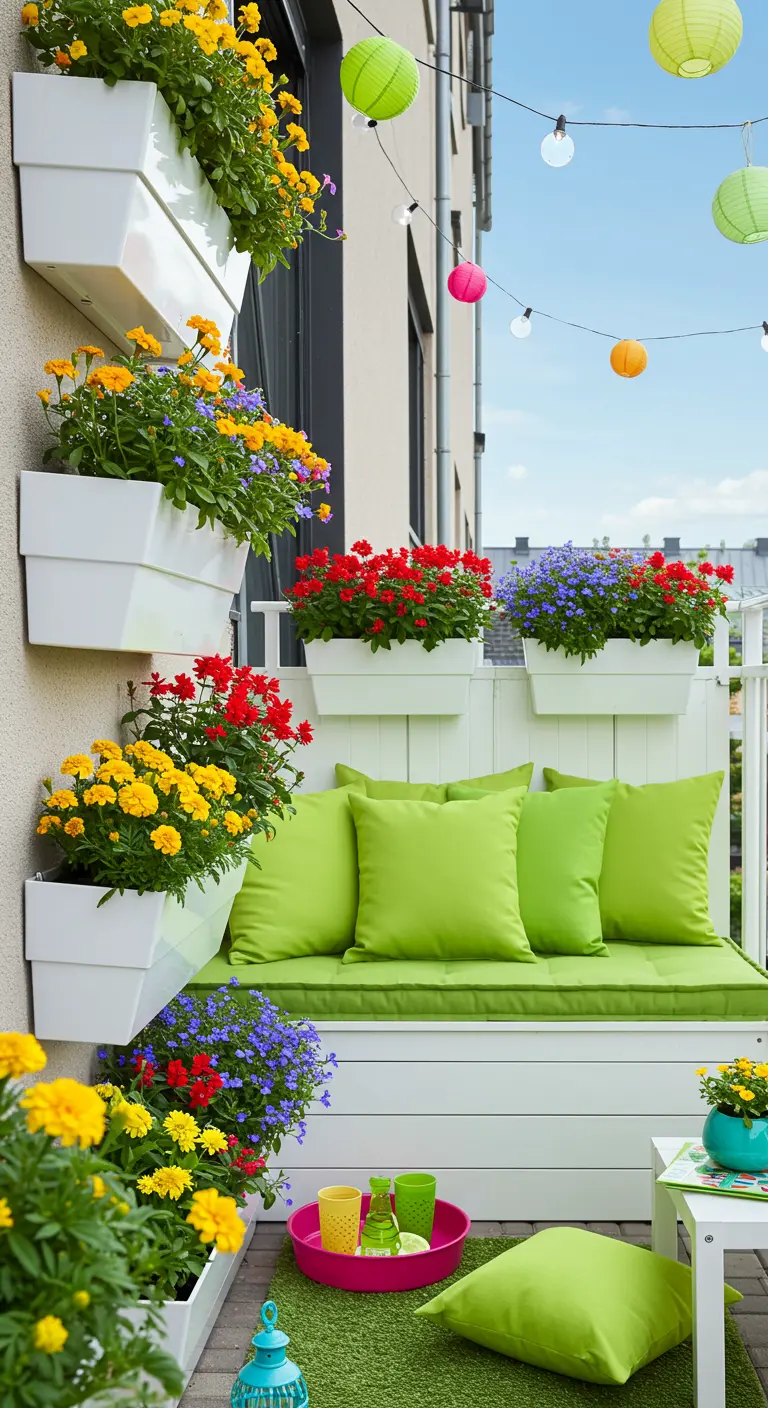 Balcon coloré avec jardinières murales, fleurs vives et lampions suspendus.
