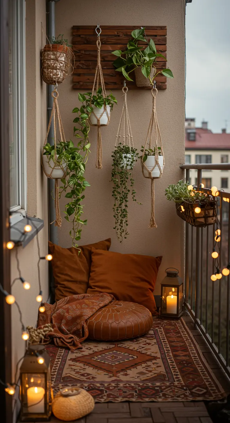 Petit balcon décoré avec des pots suspendus en macramé, un tapis, des coussins et des lumières d'ambiance.