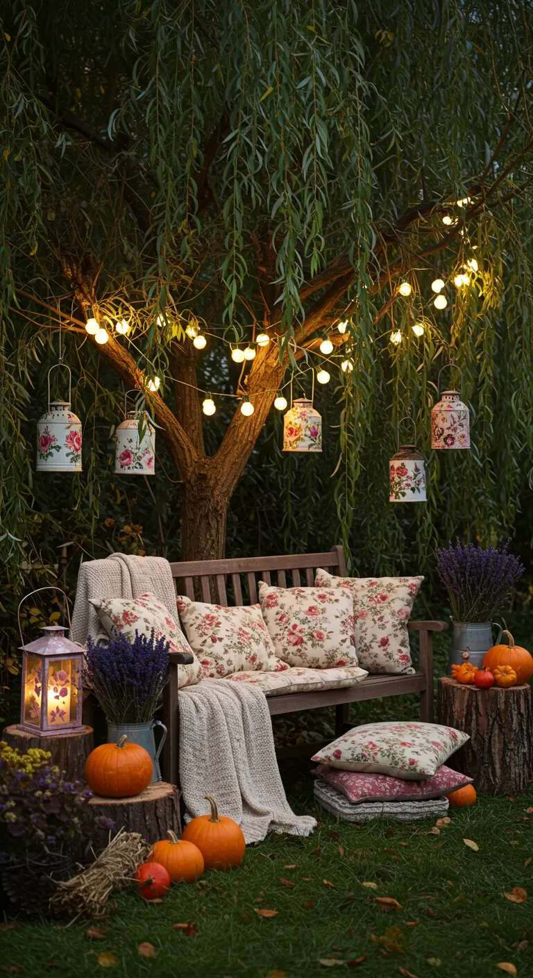 Banc en bois sous un arbre illuminé de guirlandes et lanternes florales, décoré de coussins et citrouilles.
