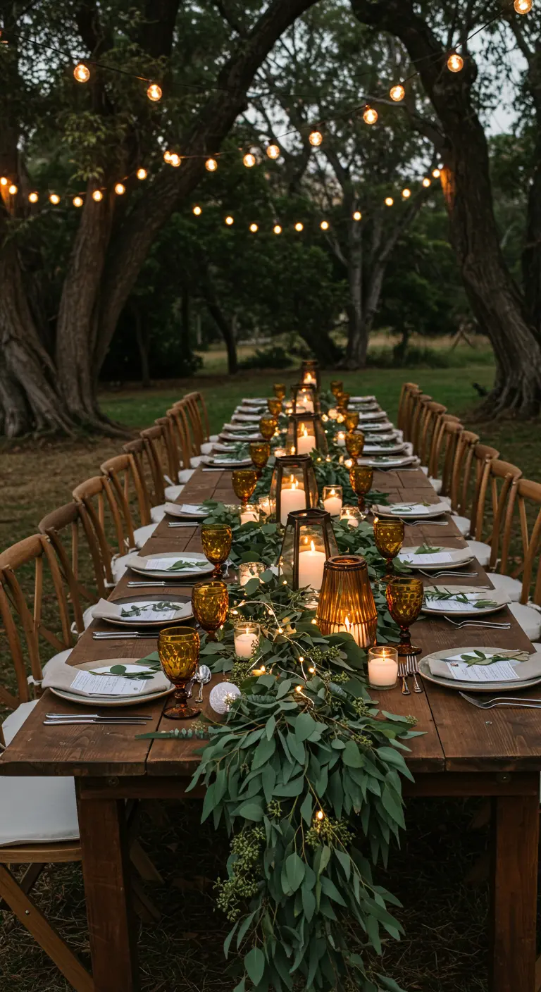 Longue table en bois avec chemin de table en eucalyptus, lanternes et guirlandes lumineuses.