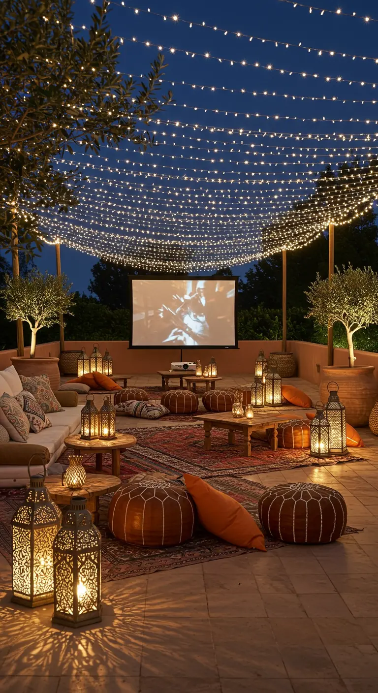 Terrasse de style bohème-chic avec un projecteur de cinéma, des guirlandes lumineuses et des coussins au sol.